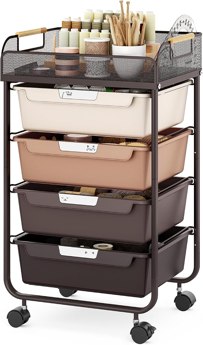 SYKIARIOL 4-Drawer Rolling Storage Cart with Mesh Top, Utility Craft Organizer Cart on Wheels with DIY Labels, Rolling Drawer Cart for Home Office Classroom Bedroom, Brown