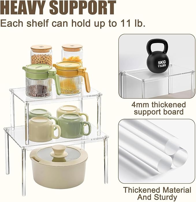 4 Pack Clear Acrylic Spice Rack, 5mm Thick Stackable Cabinet Shelf Riser, No Drill Wall Mounted Kitchen Organizer with Adjustable Feet, Multi-Purpose Storage for Pantry Countertop Bathroom Makeup