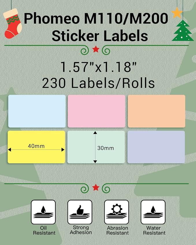 Phomemo Sticker Labels 1.57"x1.18"(40x30mm) 6 Rolls, for M110/M110S/M120/M200/M220 Printer - Pink/Blue/Khaki/Green/Yellow/Purple, for Small Business, Home, Office, Total of 1380 PCS
