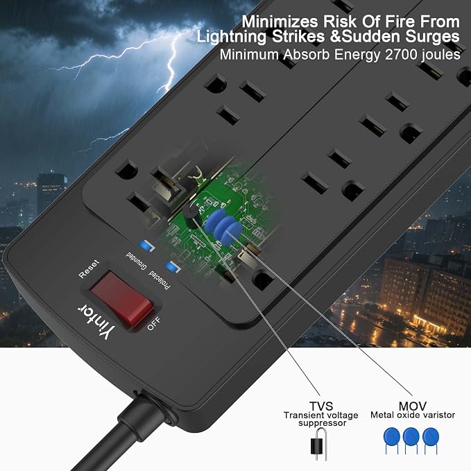 6 Feet Extension Cord Power Strip, Yintar Surge Protector with 12 AC Outlets and 4 USB Ports, 2700 Joules, ETL Listed, Black