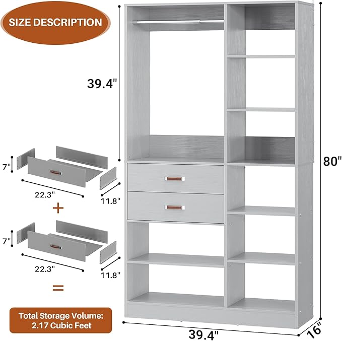 Armocity Freestanding Closet System, 40 Inches Stand-Alone Wardrobe with 10 Shelves, 80'' Height Adjustable Cloth Garment Rack with 2 Wood Drawers, Wood Walk-in Closet with Hanging Rod, Grey