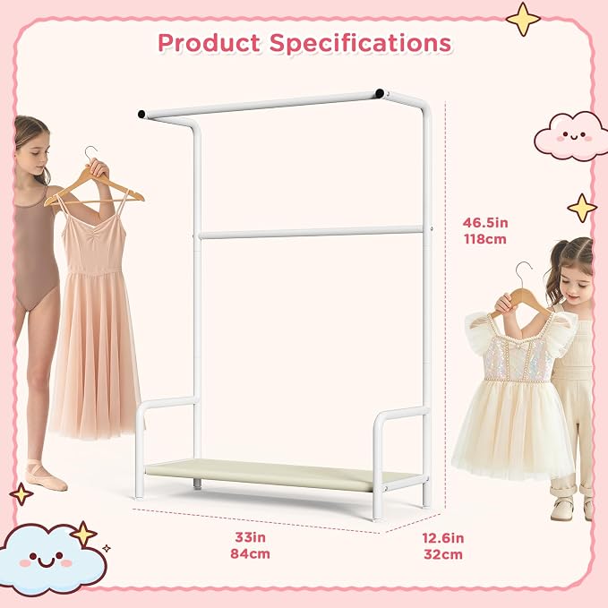 LOVEGRASS Kids Clothing Rack Double Rods for Bedroom Playroom White | Double Rod Design, Powder Coated Steel, Bottom Storage Shelf, for Baby Toddler Clothes, Dress Up, Nursery, Bedroom, Playroom