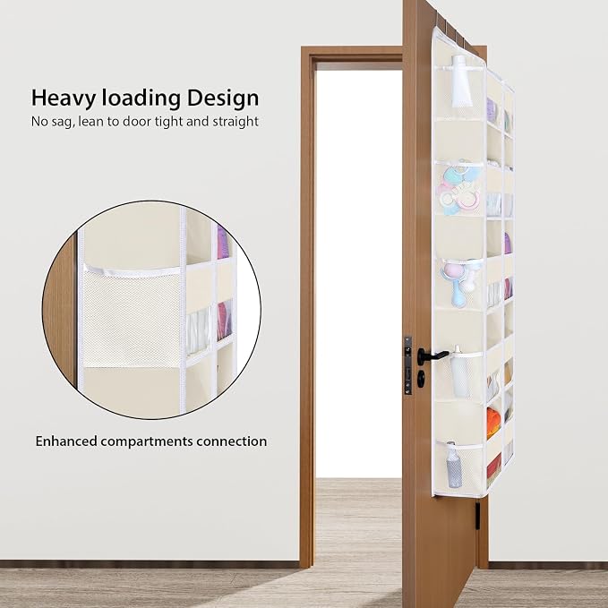 KEEGH 5 Tiers Over the Door Organizer, Large Hanging Door Organizer, Beige | Easy Installation, 10 Mesh Side Pockets, 10 Compartments, Door Organizer Hanging for Bedroom, Nursery, Bathroom and Pantry