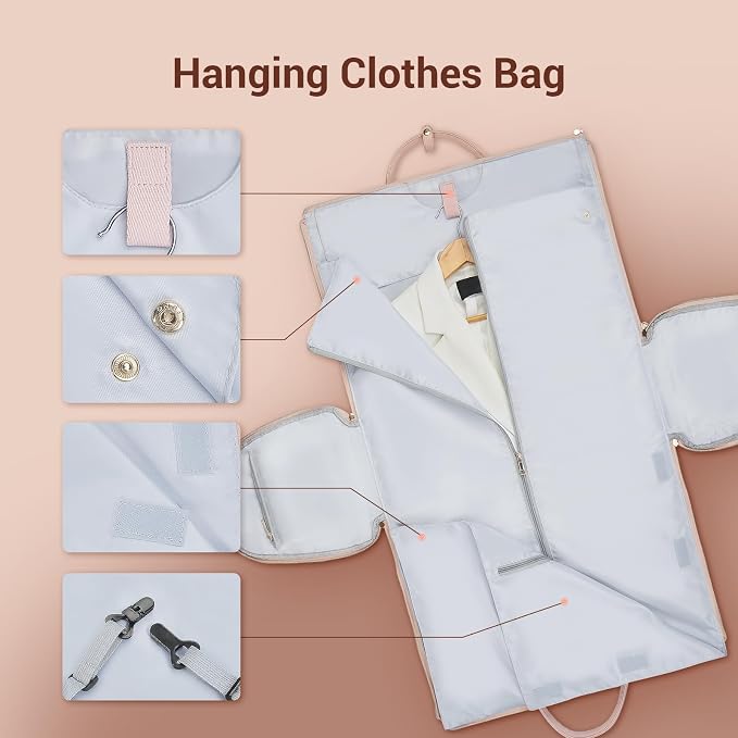 Garment Bags for Travel, Convertible Suit Travel Bag for Women, Stylish Carry On Garment Bag with Toiletry Pocket, Shoulder Strap and Shoes Compartment, 2 in 1 Foldable PU Leather Duffle Bag, Pink