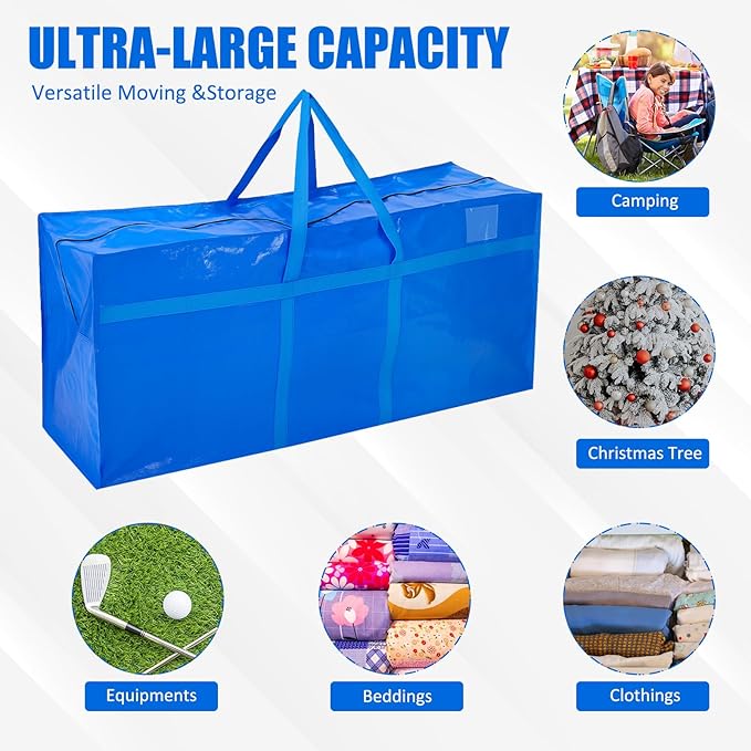 4 Pcs 96 Gallon Extra Large Moving Bags Heavy Duty Storage Bag with Strong Zipper Handle Foldable XXL Jumbo Storage Tote Packing Moving Box for College Dorm Travel Cloth Duffle (Blue)