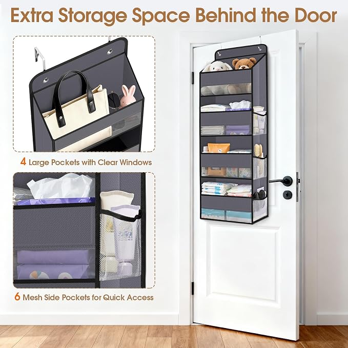 WISELIFE Over The Door Organizer Storage with 4 Large Pockets Door Hanging Organizer with Clear Windows behind The Door Storage for Nursery Bedroom Bathroom Pantry Closet and Baby Essentials Dark Grey