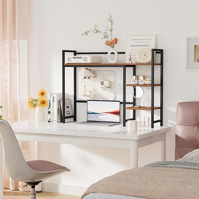 Snughome Desk Shelf, 38.6" Desktop Organizer Shelf, Desk Hutch for Computer Monitor, 4 Tier Desk Display Rack, Wood Desktop Bookshelf Storage Rack for Home Office Dorm, Rustic Brown