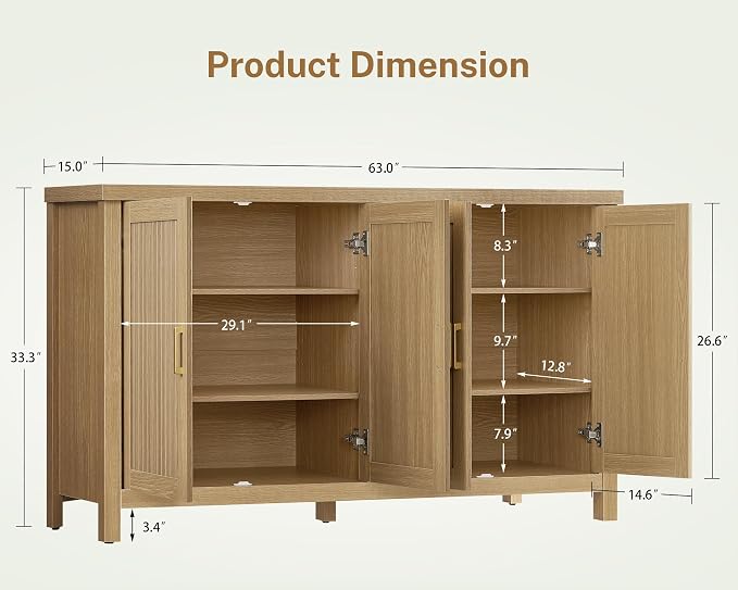 usikey 63" Buffet Cabinet with Storage, Fluted Sideboard Cabinet with 4 Adjustable Shelves, Modern Coffee Bar with 4 Doors, Coffee Bar Cabinet for Kitchen, Living Room, Natural