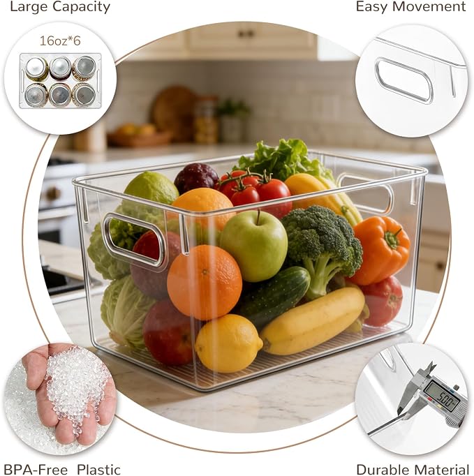 Hudgan Set of 8 Clear Plastic Storage Bins, 8 Large Storage Containers for Pantry Organizers, Home Edit, Kitchen Cabinet, Refrigerator, Under Sink Organization, Bathroom, Office