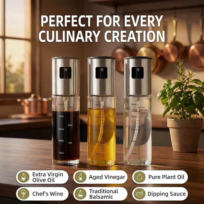 100ml Olive Oil Sprayer, Food Grade Glass Cooking Oil Spray Bottle, Stainless Steel Mister for Air Fryer Salad BBQ Roasting