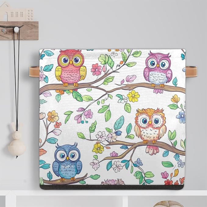 TropicalLife Floral Owl Storage Cube, 13 Inch Fabric Cube Storage Organizer Bin for Shelves Clothes, Decorative Foldable Storage Boxes
