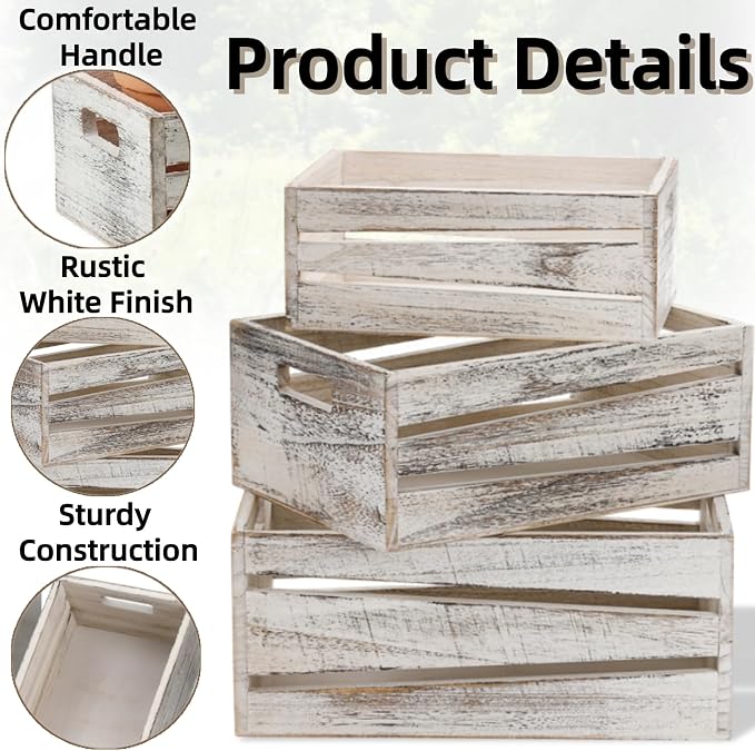 AVLA 3 Pack Wooden Storage Crates, Rustic Nesting Container Bin with Handles, Decorative Farmhouse Wood Basket, Vintage Wood Box Display Risers for Home, Kitchen Pantry Cabinet, Shelf, Counter