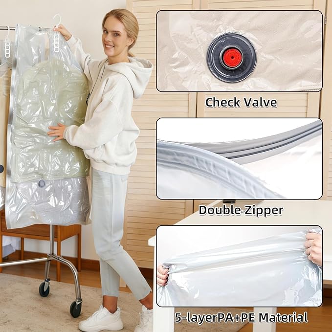 6-Pack Hanging Vacuum Storage Bags with Electric Pump – 3 Long & 3 Short Vacuum Seal Bags for Closet Organization, Space Saver for Suits, Jackets, Coats & Clothing