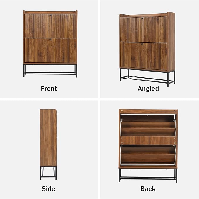 RARZOE Set of 2 Fluted Shoe Cabinets for Entryway with 2 Flip Drawers, Narrow Wood Shoe Cabinet with Fluted Panel, Freestanding Hidden Shoe Rack with Metal Legs for Foyer,Hallway(31.5''Walnut)