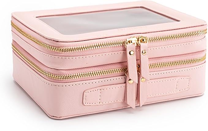 Aveniee XL Clear Makeup Organizer,Double Layer Travel Cosmetic Case with Brush Holder & Zippered Compartments,Big Toiletry Bag for Travel Accessories,2 Layers Large,Pink
