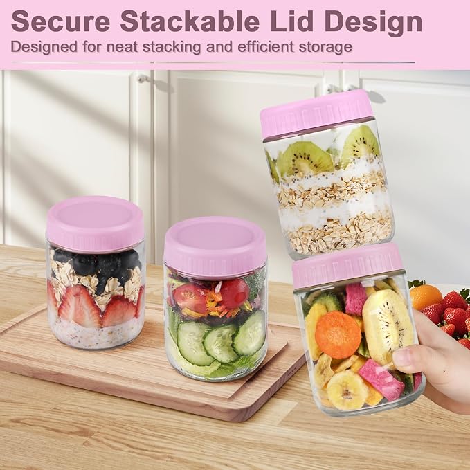 Overnight Oats Containers with Lids, 16oz Wide Mouth Mason Jars with Lids, 6 Pack Glass Jars with Airtight lid for Chia Pudding Yogurt Salad, Meal Prer Oatmeal Jars, Pink