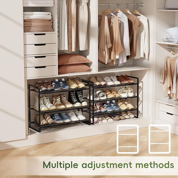 3 Tier Shoe Rack for Closet, 27 Inch Long Square Shoe Storage Organizer for Shelves, Heavy Duty Metal, Easy Assembly Stackable, Black