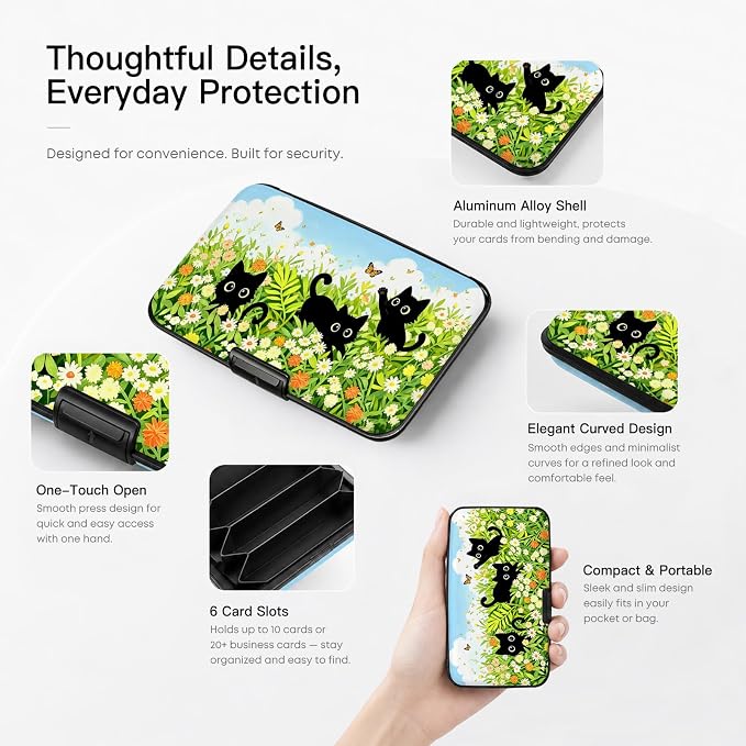 Credit Card Holder RFID Aluminum card case Flower Cats mini Wallet Women | ABS Business ID Case,Hard Case Large Capacity 6 Slots, Waterproof Durable Secure Closure Slim Small Credit Card Protector