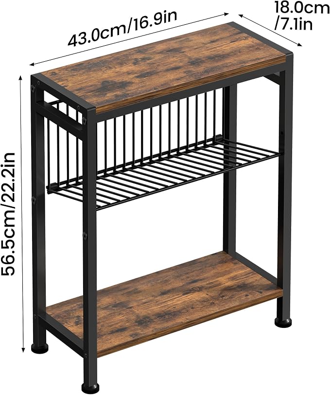 Side Table for Small Spaces, Set of 2 Narrow End Table with Magazine Holder, 2 in 1 Design Slim Side Table, Skinny Nightstand for Living Room Bedroom, Thin Side Magazine Table, Rustic Brown
