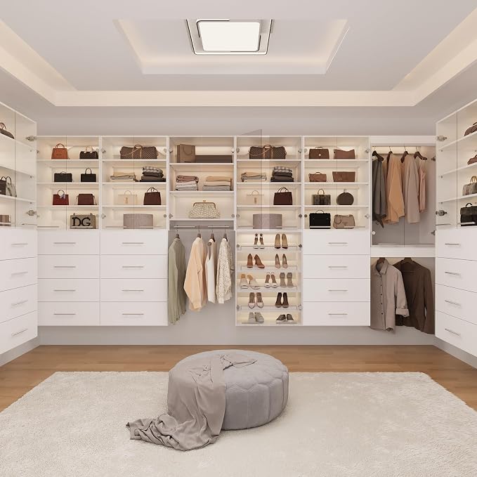 ROOMTEC 31.5" Shoe Shlef Tower Wardrobe Closet with Clear Glass Doors, Wall Mounted Modular Closet System, Clothes Storage Unit for Bedroom or Walk-in Closet, White