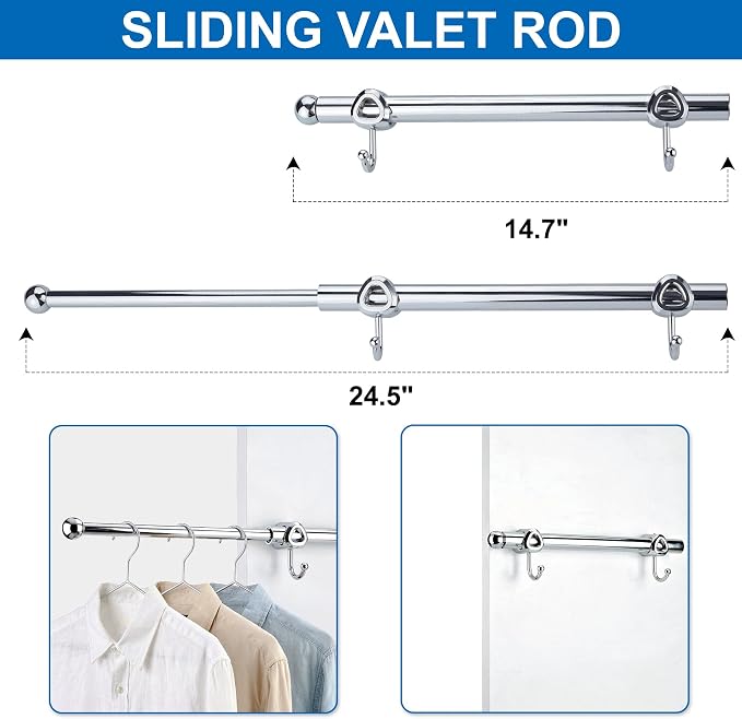 Valet Rod for Closet Pull Out with Hooks, Easy To Install (Chrome, 14 Inch)
