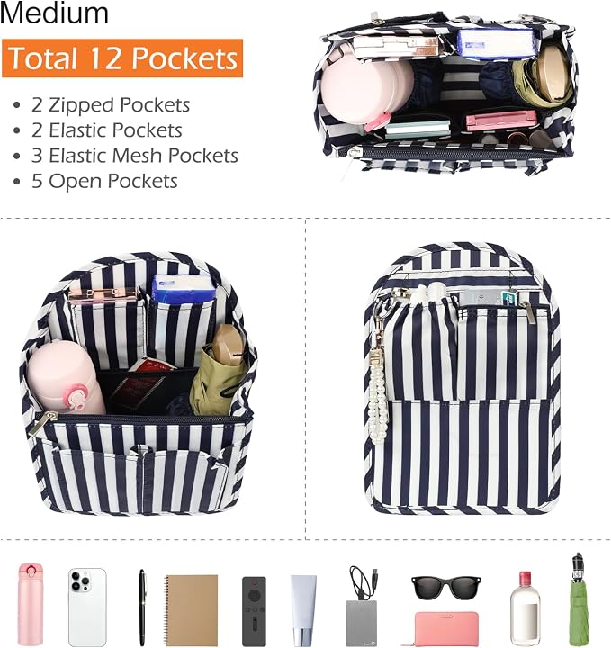 Surblue Backpack Organizer Insert Liner Hanging Travel Rucksack Purse and Handbag Insert Pocket, High-capacity Divider Foldable Nylon Shoulder Bag Organizer for Men and Women, (NavyStripes, M)