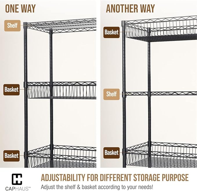 Fencer Wire NSF 2 to 4 Tier Stackable Wire Shelving Unit w/Baskets & Liner, Storage Rack Kitchen, Bathroom, Laundry Closet, Wire Shelving Basket Shelves, Storage Rack Corner Shelves, Silver Grey