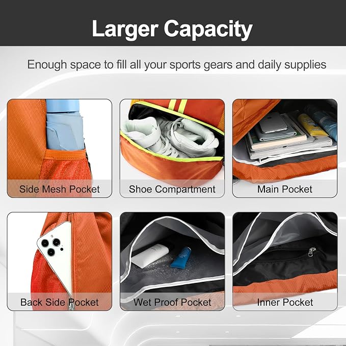 Hoedia Sports Drawstring Backpack - String Swim Gym Bag with Shoes Compartment and Wet Proof Pocket for Women&Men