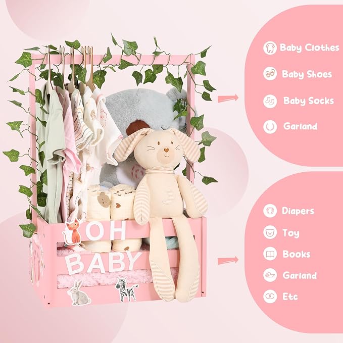 Baby Shower Gifts Basket Wooden Crate, Personalized Wooden Letters and Clothes Hangers New Born Baby Girl Boy Gifts Vine Decorations Cute Closet with Handle Pregnancy Gifts for New Mom Parents Pink