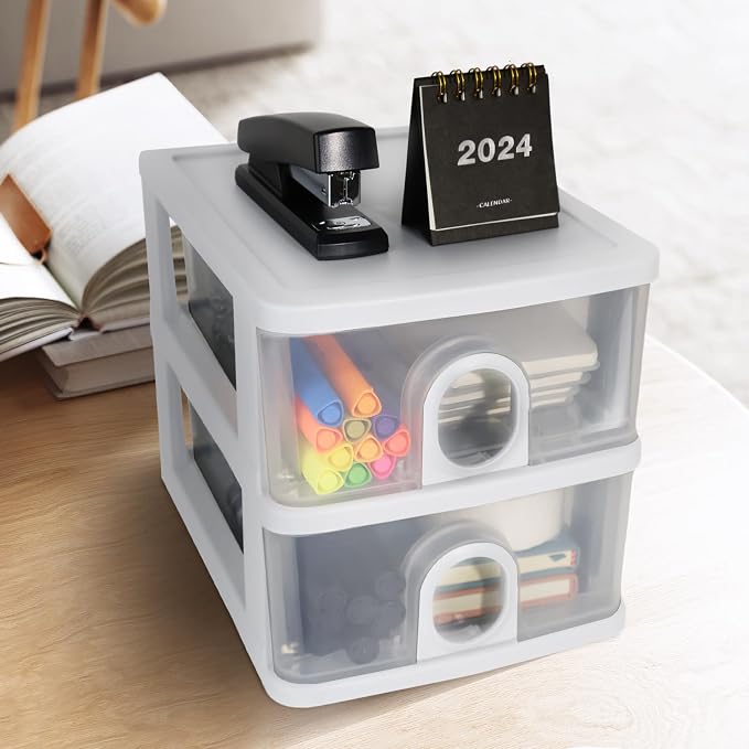 Desktop Storage Drawers Desk Organizer with Drawers, 2 Drawers Organizing Drawers Clear Small Plastic Storage Drawers for Crafts, Accessories, Stationeries, Office Supplies, Pens (1Pack)