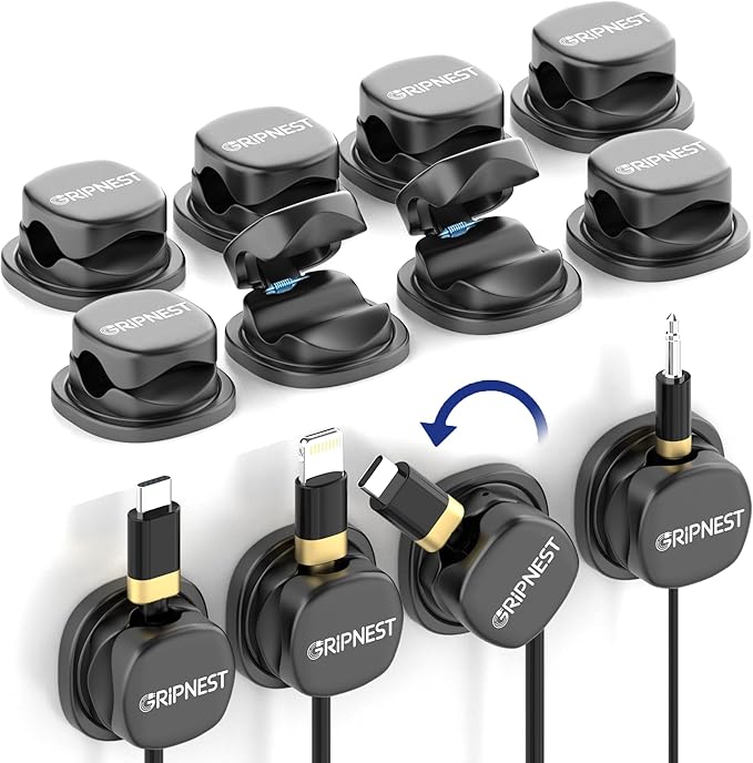 Cable Clips, 12 Pack Rotatable Cord Organizer with Adhesive | Strong Adhesive • 360° Rotatable • Keeps Cables Tangle-Free • For Desk, Car, Wall & Nightstand