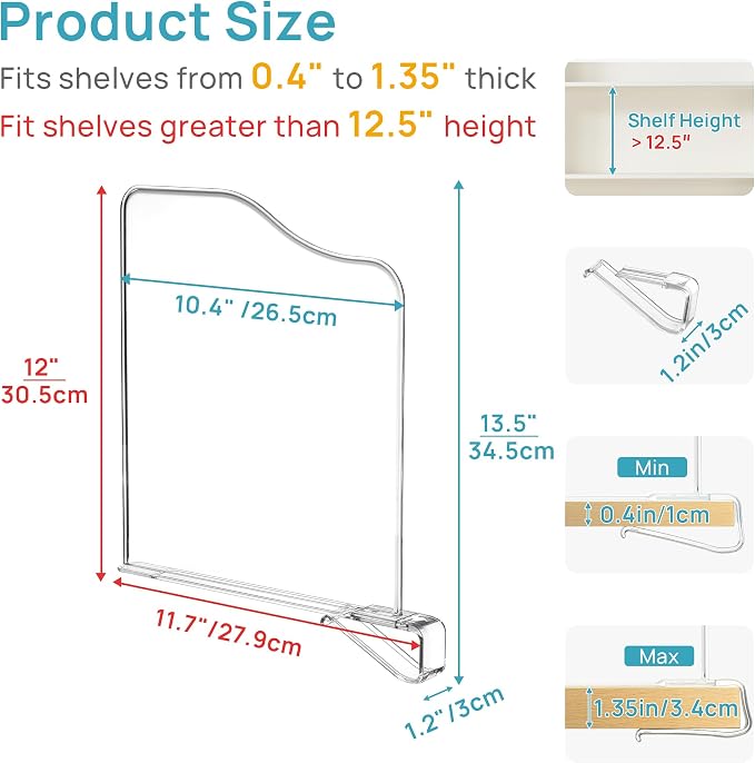 Vtopmart 12" Extra Tall x 11.7" Deep Shelf Dividers, 8 Pack