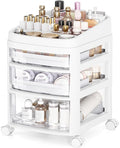Rolling Cart with 3 Drawers, Clear Plastic Drawer Organizers, Dust Proof Under Desk Storage for Makeup, Skincare, Art Crafts and Baby Items, Acrylic Cosmetic Organizer with Dividers, Vanity Cart