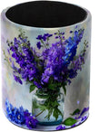Purple Flower Arrangement Pen Holder Pencil Organizer for Desk, 3.1” x 3.1” x 3.9” Pencil Cup Office Supplies, Large Capacity Cute Pen and Makeup Brush Holder for Home, School, Desktop
