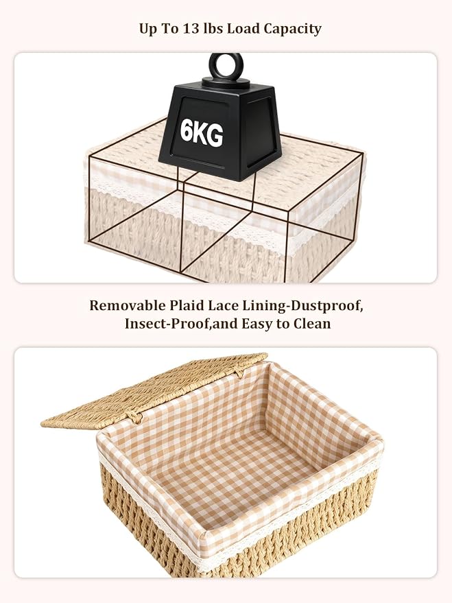 Set of 3 Wicker Storage Baskets with Lid and Liner Woven Storage Bins | Rectangular Woven Storage Bins for Shelves, Multipurpose Container Organizing Boxes for Home Wardrobe Bathroom Bedroom Decor