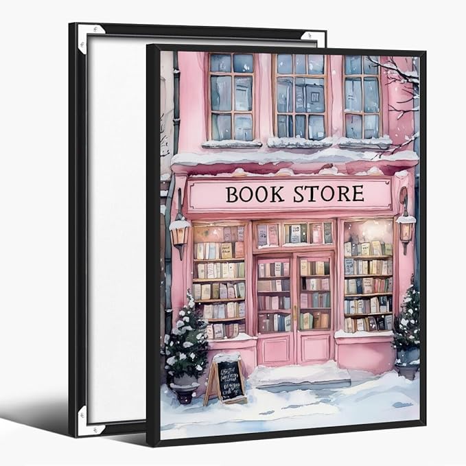 Winter Bookshop Snowy Art Aesthetic Poster Canvas Wall Art Decoration Living Room Home Decor Bedroom Decoration Poster black framed24x36inch