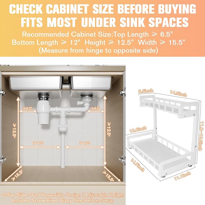 Under Sink Organizer, Metal Large Capacity 2-Tier Sliding Cabinet Storage Rack, Heavy-Duty Rust-Resistant Steel Frame, Holds 50 lbs, Adjustable Height 12–16", 14"D x 11"W for Kitchen & Bathroom, White