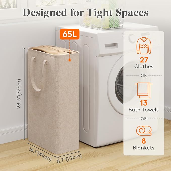 Lifewit Slim Laundry Hamper, Narrow Small Laundry Basket with Handle for Dirty Clothes, Collapsible Tall Thin Laundry Bin for Bathroom Bedroom Dorm College, 65L, Beige