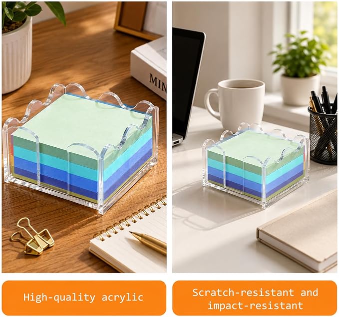 Clear Acrylic Sticky Note Holder Wavy Memo Pad Dispenser for Desk Storage | Acrylic Material, Elegant Wavy Border, Crystal Clear View, Compact Desk Organizer, Easy Access Top Opening