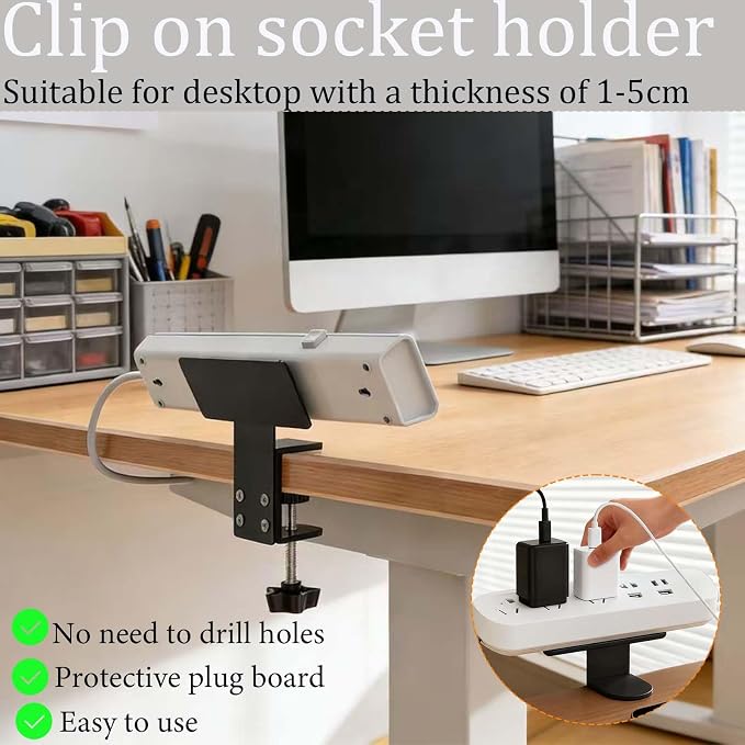 Desk Clamp for Power Strip -No-Drill Removable Power Strip Holder | No-Drill Mount for power strip clamp,Under Desk Power Strip Holder,Desks-Fits 0.5" to 1.96" Width - Black