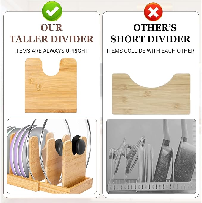 Bamboo Expandable Pot Lid Organizer, Pots and Pans Holder Rack for Cabinet | 10pcs Removable Dividers, Customized Storage, Space-saving, FSC-certified Bamboo, No Assembly