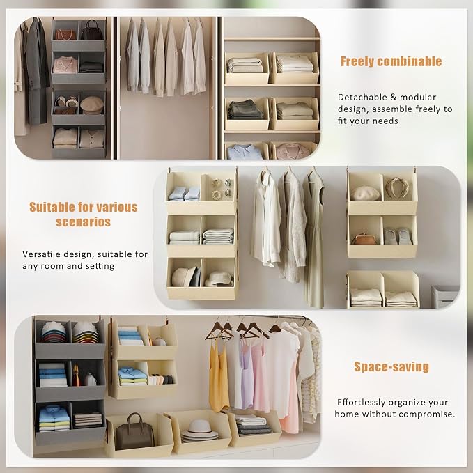 3-Tier Hanging Closet Organizer, Extra Large Fabric Closet Shelves with Zipper, Foldable Closet Storage Organizer for Clothes, Handbags, Socks, Underwear, Dorm Room and RV, Beige - 2 Pack