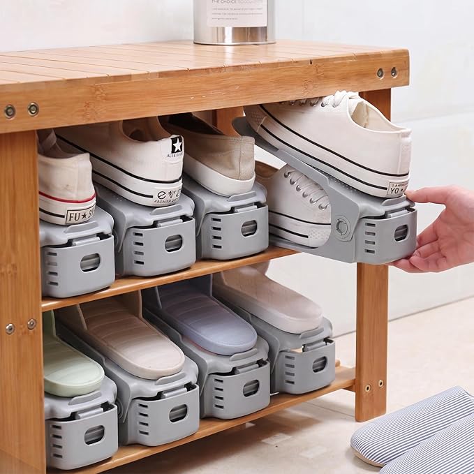 Neprock Shoe Slots Organizer, 20 Pack Adjustable Shoe Rack Stacker Storage Space Saver, Double Deck Shoe Rack Holder for Closet Organization (Grey)