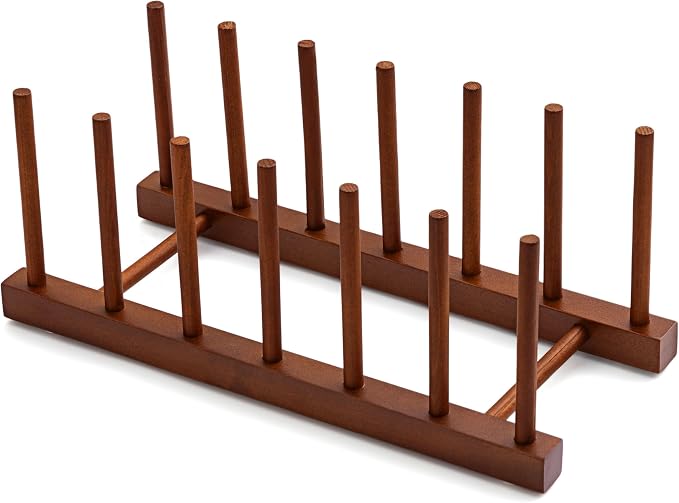 HBlife Teak Wooden Dish Drying Rack Kitchen Plate Organizer Pot Lid Holder | 6 Slots, Vertical Dish Racks for Cabinet Countertop & Wall, Plate Pot Lid Cutting Board Holder, Bowl Cup Drainer, Keep Dry