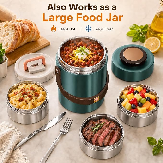 67 oz Adults Stainless Steel Vacuum Insulated Wide Mouth Soup Food Thermo Hot Food Jar with Keep Thermal Portable 3 Tier Stackable Bento Hot Food Containers Lunch Boxes (67 oz Green)