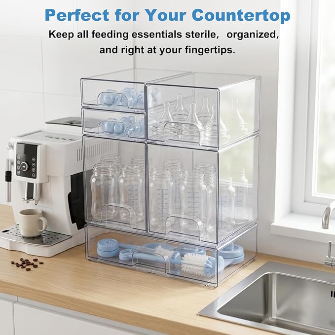 Clear Baby Bottle Organizer, 6-Piece Modular Stackable Acrylic Bins Set | BPA-Free Heavy-Duty Acrylic; Fits Breast Pump Parts, Nipples & Pacifiers; Space-Saving Nursery Cabinet & Drawer Organizer
