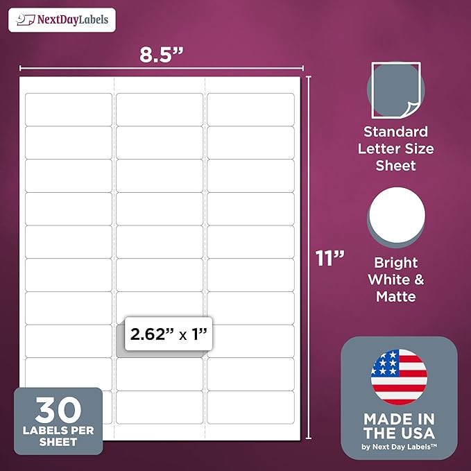 NextDayLabels 2.63x1 Inch Rectangle Stickers White Blank Labels for Laser Inkjet Printer - 30 Per Sheet Self-Adhesive Address Mailing Name Tags Made in USA - 7,500 Labels