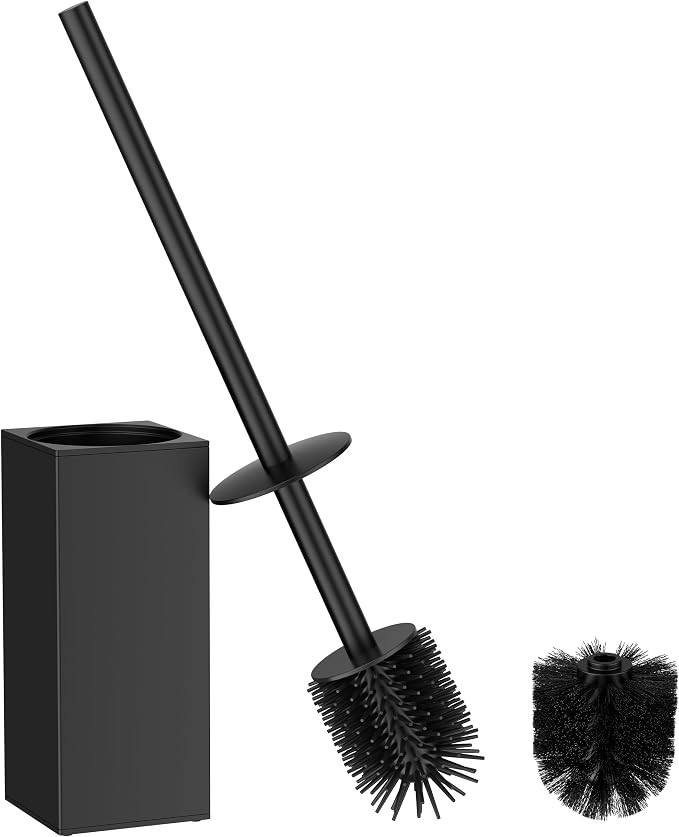 FORIOUS Toilet Brush and Holder Set, Heavy Duty 304 Stainless Steel Base Square and Long Handle for Bathroom Deep Cleaning, Drip-Proof, Space Saving for Storage, 2 Toilet Bowl Brush Head, Black