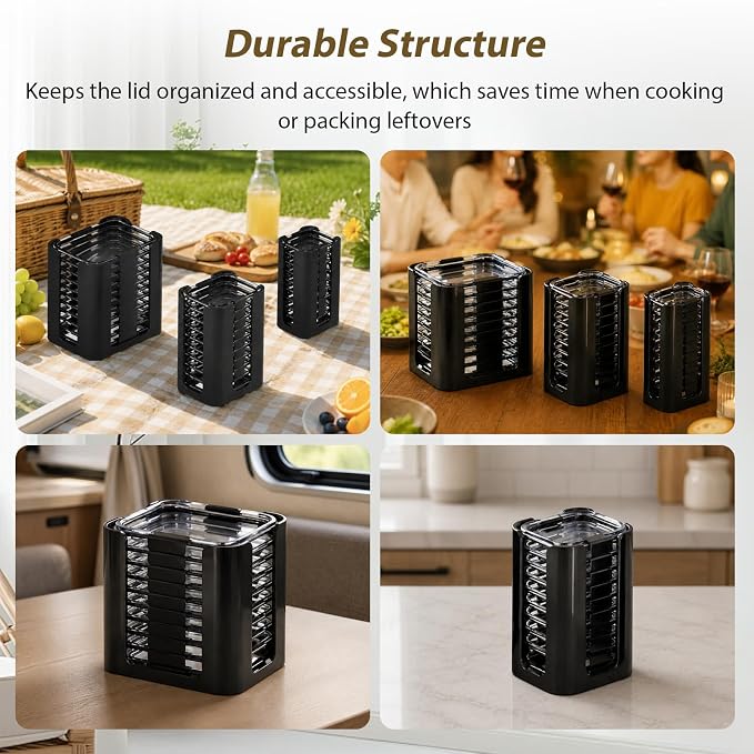 3PCS Lid Organizer for Rubbermaid Brilliance Nap-on Lids (Holds 30 Lids) | Food Container Lid Organizer for 4.7 Cup, 3.2 Cup, 1.3 Cup, 0.5 Cup Containers (Holds 30 Lids) Black