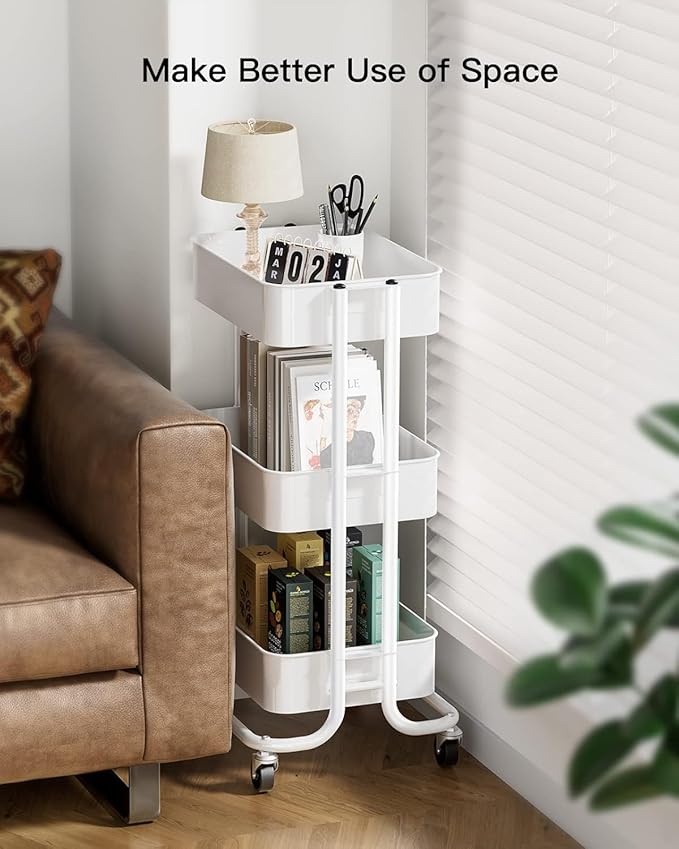 Pipishell 3 Tier Metal Rolling Utility Cart, Heavy-Duty Storage Rolling Cart with 2 Lockable Wheels, Multifunctional Mesh Organization Utility Cart for Kitchen Dining Room Living Room (White)